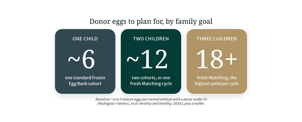 Donor eggs to plan for by family goal: about 6 for one child, about 12 for two children, and 18 or more for three, based on 4 to 5 mature eggs per normal embryo with a donor under 35