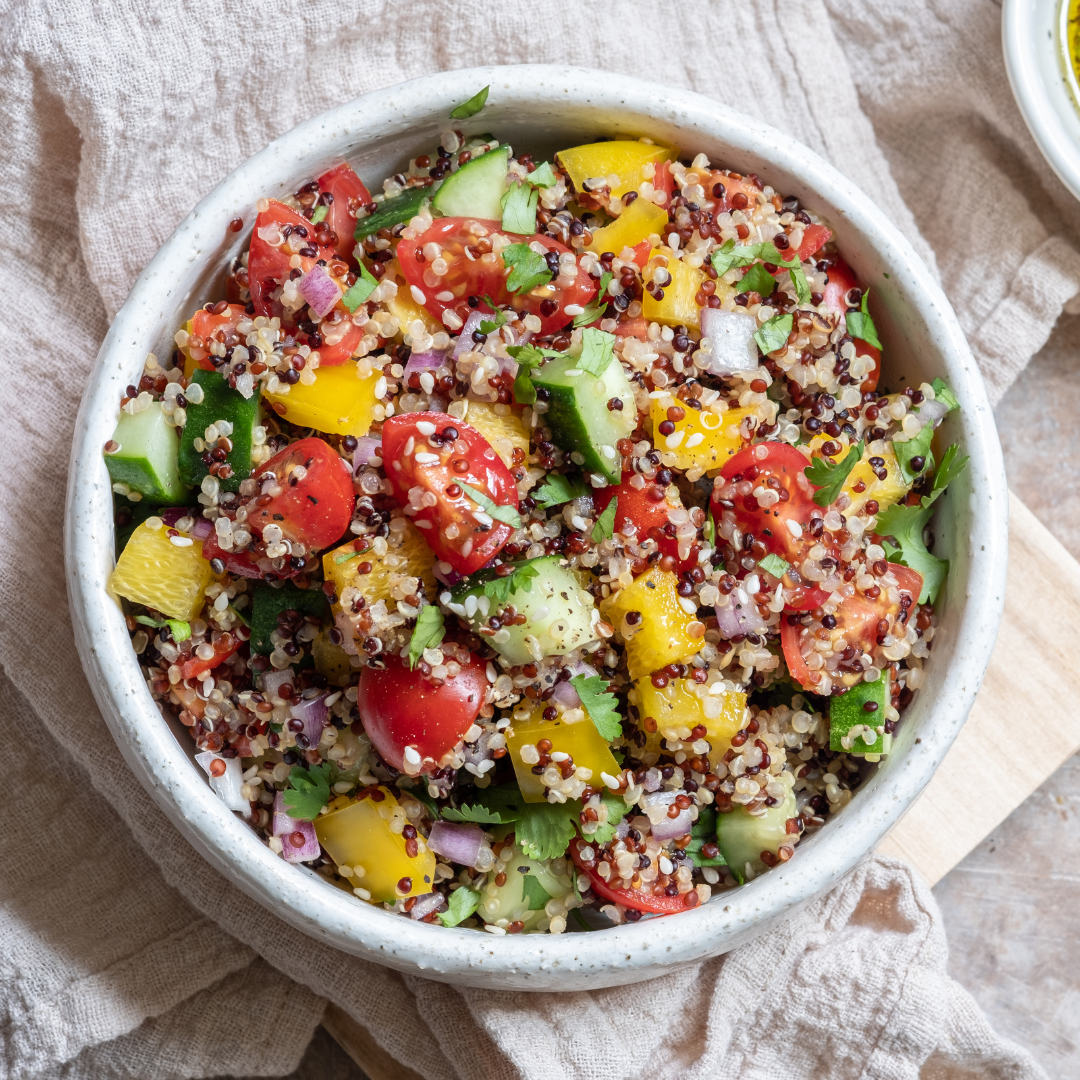 Mix cooked quinoa with diced vegetables, a squeeze of lemon, and a drizzle of olive oil for a refreshing and satisfying PCOS snack. 